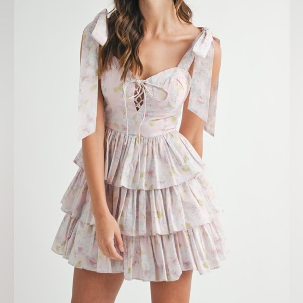 MABLE Floral Print Shoulder Tie Layered Mini Dress